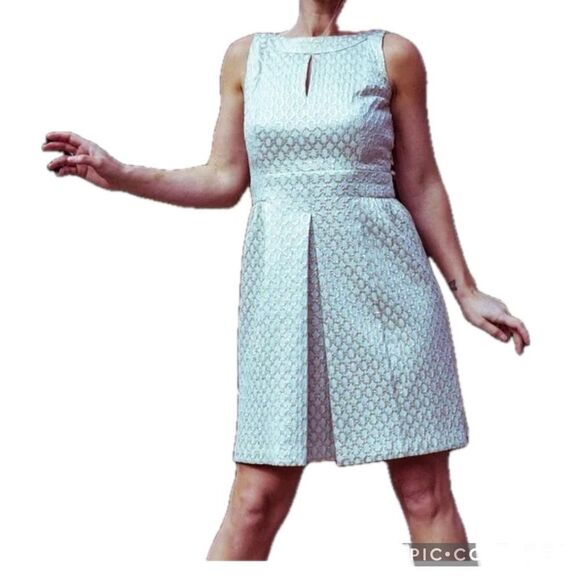 Lauren Ralph Lauren Cocktail Dress Brocade Metallic Aqua Blue & Gold Sz 14 - Picture 1 of 7